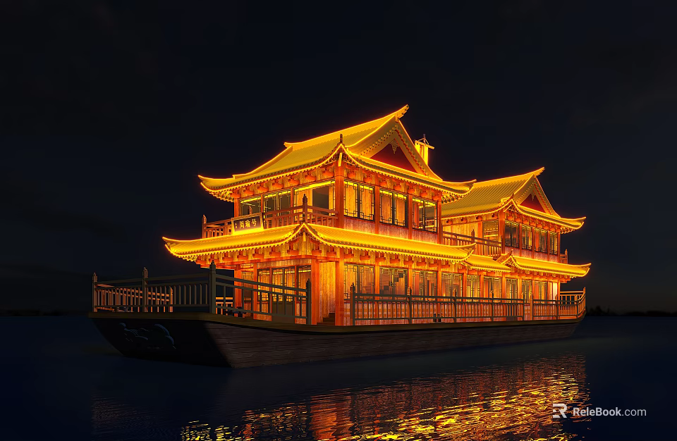 Ancient Chinese Architectural Boat Illuminated At Night With Curved Roofs And Water Reflections 3d model 