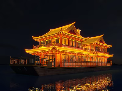 Ancient Chinese Architectural Boat Illuminated At Night With Curved Roofs And Water Reflections 3d model