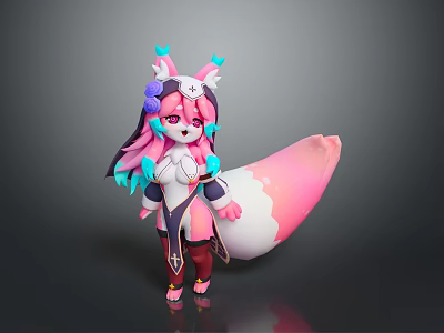 Game And Movie Character With Pink And Blue Hair Fox Ears And Large Pink Tail 3d model