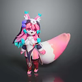Game And Movie Character With Pink And Blue Hair Fox Ears And Large Pink Tail