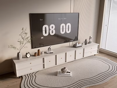 White Modern TV Stand With TV Decorative Items Clock Green Plant On Rug Near Blinds 3d model