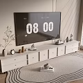 White Modern TV Stand With TV Decorative Items Clock Green Plant On Rug Near Blinds