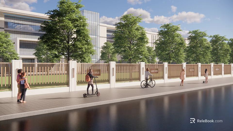 Modern School Building Exterior With Green Trees Fence And People Riding Scooter Bicycle Walking 3d model 