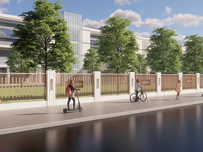 Modern School Building Exterior With Green Trees Fence And People Riding Scooter Bicycle Walking 3d model