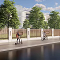 Modern School Building Exterior With Green Trees Fence And People Riding Scooter Bicycle Walking