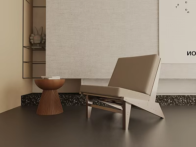 Modern Minimalist Beige Accent Chair With Comfortable Cushion And Wooden Side Table 3d model