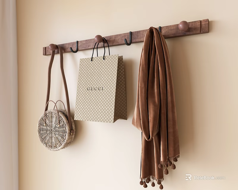 Wooden Wall Mounted Hook Rack With Hanging Handbag Woven Bag And Scarf 3d model 