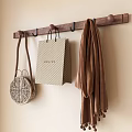 Wooden Wall Mounted Hook Rack With Hanging Handbag Woven Bag And Scarf