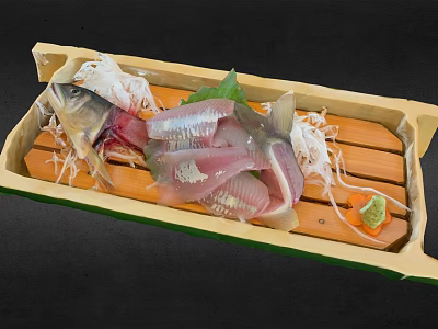 Fresh Fish Sashimi Slices in Wooden Box with Shiso Leaves Daikon Shreds and Wasabi 3d model