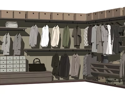 Organized Closet Interior With Hanging Clothes Storage Boxes Drawers And Handbag 3d model