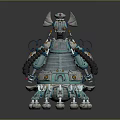 Turquoise And Silver Mechanical Robot Character With Coiled Pipes Antenna Circular Base And Multiple Legs