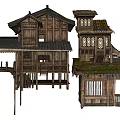 Traditional Wooden Commercial Complex With Classic Roof And Wooden Pillar Design