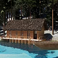 Serene Forest Boutique Villa With Thatched Roof Over Clear Water Surrounded By Tall Trees
