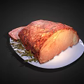 Juicy Roasted Meat Sliced on White Plate with Fresh Rosemary Garnish