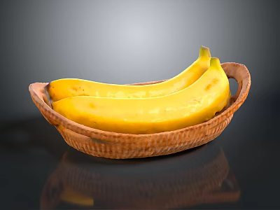 Yellow bananas in brown woven basket on dark surface with reflection 3d model