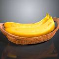 Yellow bananas in brown woven basket on dark surface with reflection