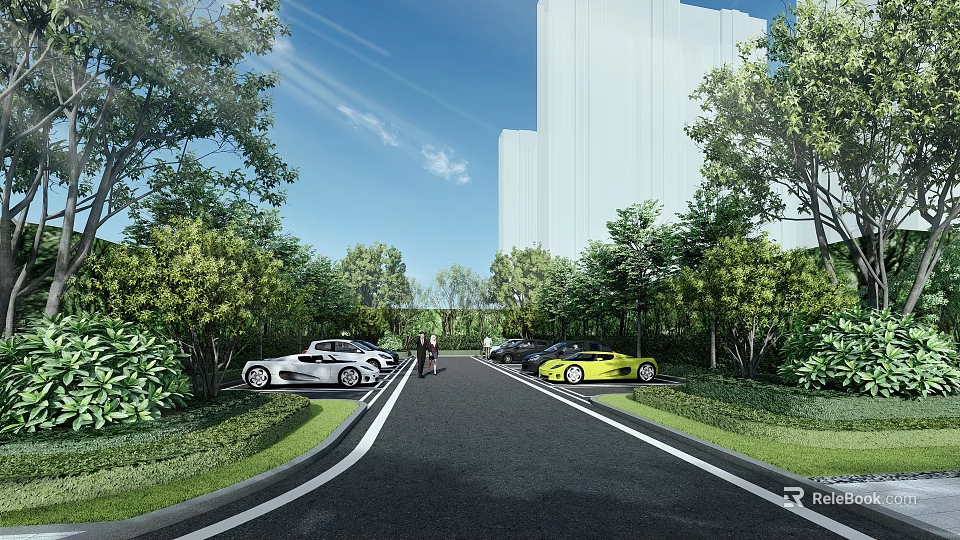 Eco-friendly Parking Lot With Lush Trees Parked Cars And Green Driveway 3d model 