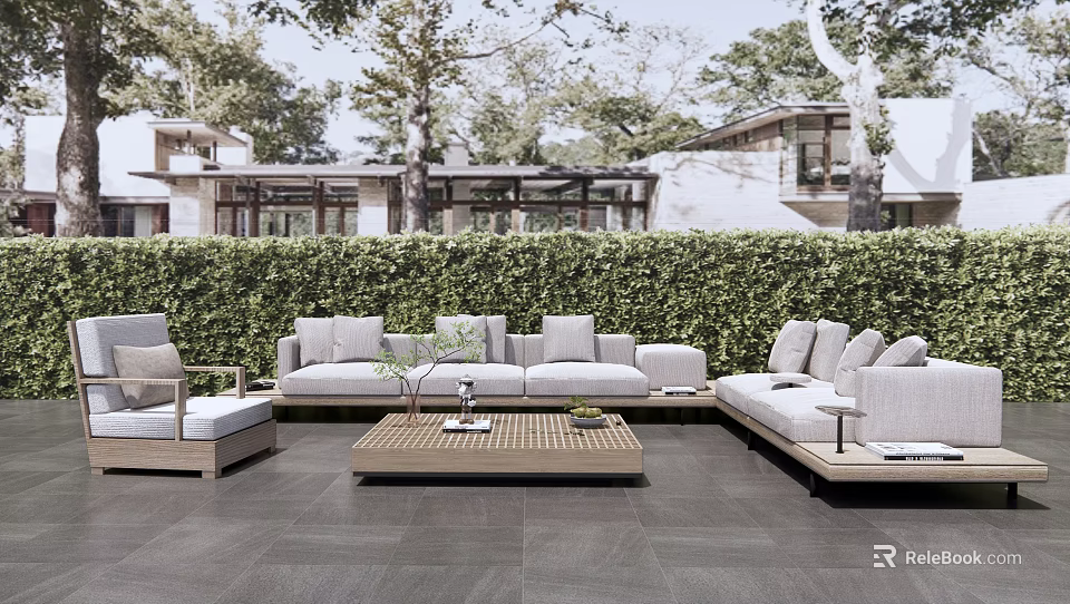 Modern Outdoor Sofa Set On Garden Patio With Coffee Table And Lush Greenery Trees 3d model 