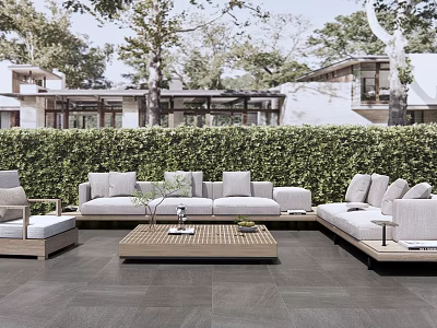 Modern Outdoor Sofa Set On Garden Patio With Coffee Table And Lush Greenery Trees 3d model