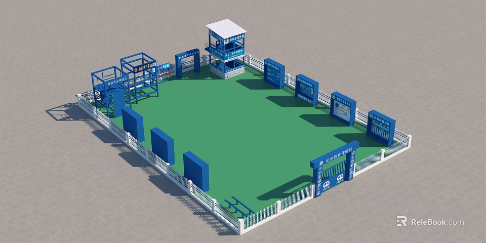 Outdoor Obstacle Training Area With Green Turf Blue Structures And White Observation Tower 3d model 