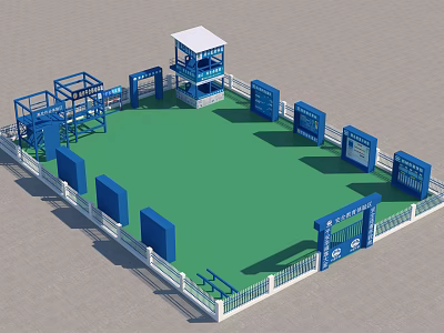 Outdoor Obstacle Training Area With Green Turf Blue Structures And White Observation Tower 3d model