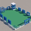 Outdoor Obstacle Training Area With Green Turf Blue Structures And White Observation Tower