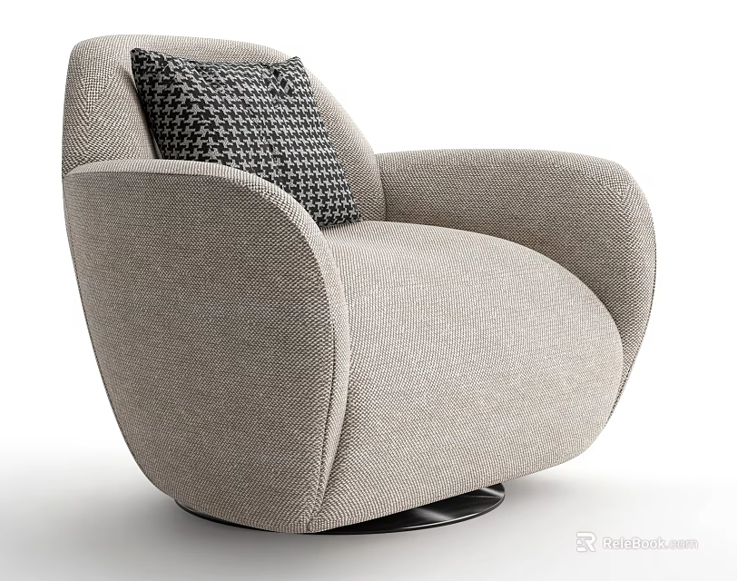 Light Gray Knitted Accent Chair with Black White Checkered Cushion Rounded Armrests Swivel Base 3d model 