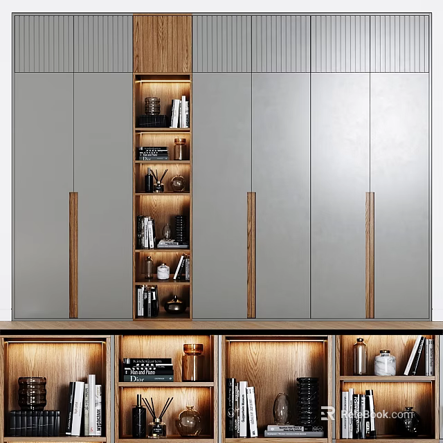 Modern Wooden Chest of Drawers With Gray Doors Open Shelves And Storage For Decorations Books 3d model 
