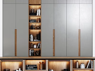 Modern Wooden Chest of Drawers With Gray Doors Open Shelves And Storage For Decorations Books 3d model