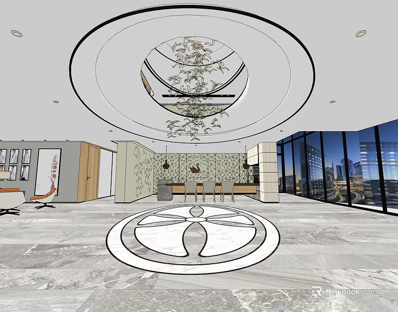 Hotel Public Lounge Area With Circular Chandelier Marble Flooring And Large Windows 3d model 