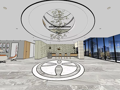 Hotel Public Lounge Area With Circular Chandelier Marble Flooring And Large Windows 3d model