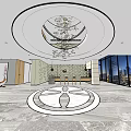 Hotel Public Lounge Area With Circular Chandelier Marble Flooring And Large Windows