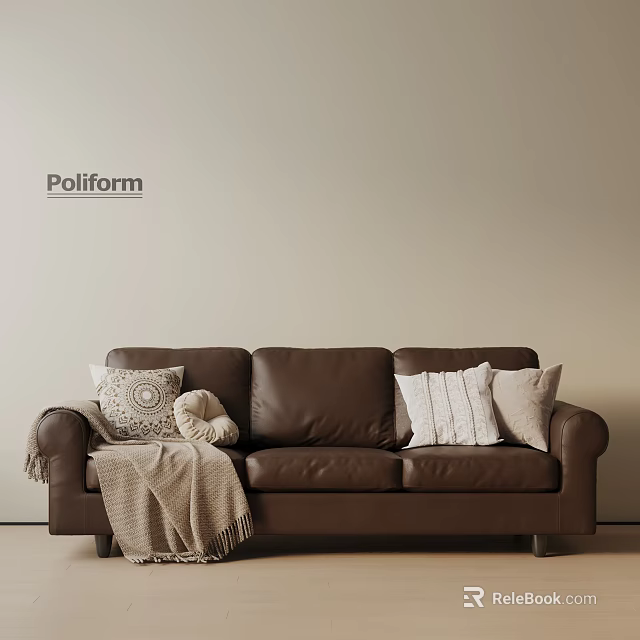 Brown Leather Three Seater Sofa Featuring Patterned Striped Pillows Plush Toy And Throw Blanket 3d model