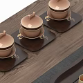 Modern Copper Tea Set With Wooden Tray Teapot And Teacups On Tabletop