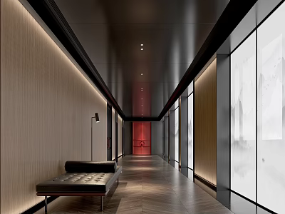 Modern Elevator Hallway With Dark Ceiling Wooden Walls Red Door Black Bench And Recessed Lighting 3d model