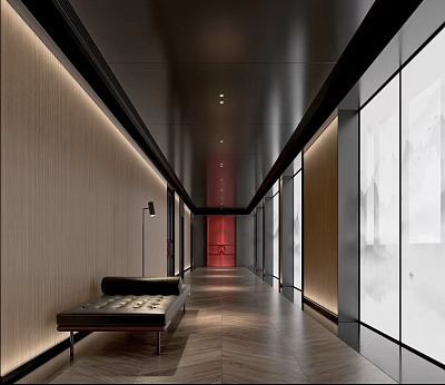 Modern Elevator Hallway With Dark Ceiling Wooden Walls Red Door Black Bench And Recessed Lighting 3d model