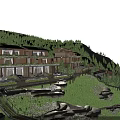 Modern Wooden Detached Villa on Hillside with Green Trees Mountains Lawn and Stone Landscaping