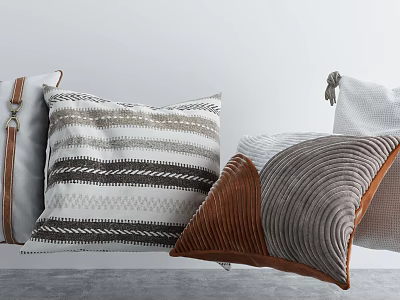 Stylish Decorative Throw Pillows With Striped Pattern Brown Gray And White Soft Fabric 3d model