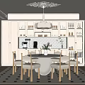 Modern Open Restaurant Interior With Chandelier Round Table And Beige Dining Chairs 3d model