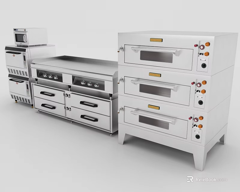 Stainless Steel Commercial Kitchen Appliances With Oven Stove And Storage Units 3d model 