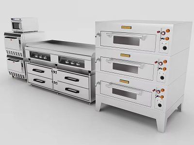 Stainless Steel Commercial Kitchen Appliances With Oven Stove And Storage Units 3d model