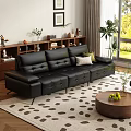 Black Leather Sectional Sofa With White Green Pillows Wooden Coffee Table And Plants In Living Room