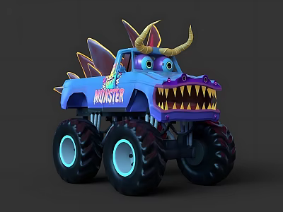 Blue Monster Truck with Large Tires Horns Sharp Teeth and Monster Text 3d model