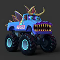 Blue Monster Truck with Large Tires Horns Sharp Teeth and Monster Text