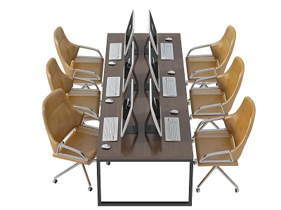 Dark Brown Office Desk With Six Computer Monitors Keyboards Mice And Yellow Chairs 3d model