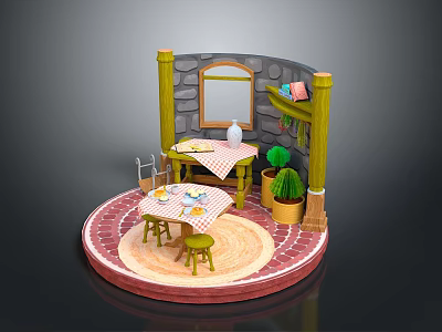 Miniature Commercial Dining Equipment with Circular Platform Stone Wall Window and Potted Cactus 3d model