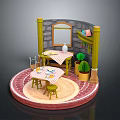 Miniature Commercial Dining Equipment with Circular Platform Stone Wall Window and Potted Cactus