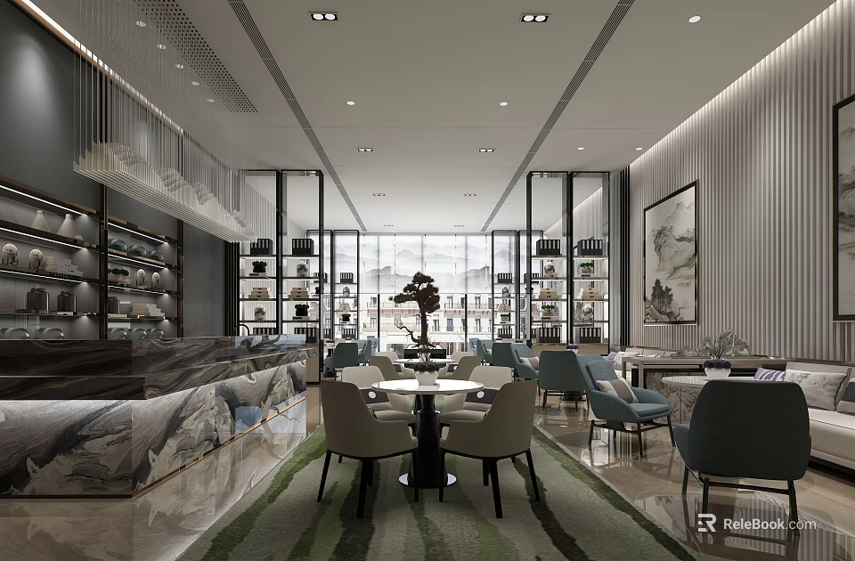 Modern Lounge Area Interior With Comfortable Seating Bookshelves And Artwork 3d model 