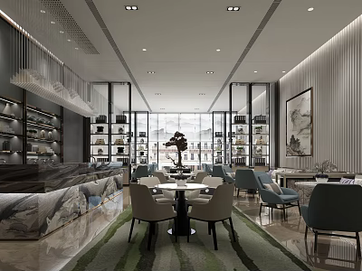 Modern Lounge Area Interior With Comfortable Seating Bookshelves And Artwork 3d model