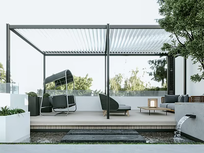 Modern Roof Garden Design With Lush Greenery Outdoor Seating And Water Feature 3d model